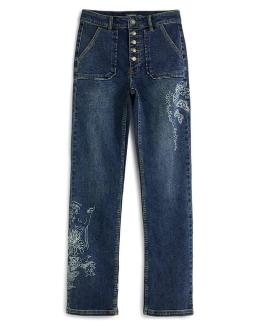 Desigual Blue Embroidered Detail Exposed Button-Fly Jeans