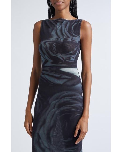 Jean Paul Gaultier Blue Blurry Roses Print Mesh Dress