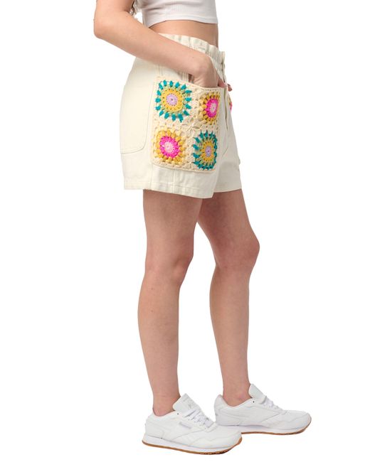 Blank NYC Multicolor Crochet Appliqué Paperbag Waist Denim Shorts