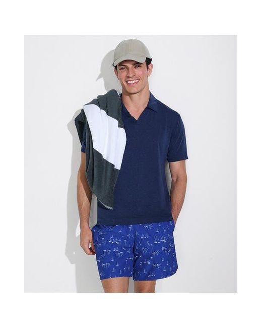 Lands' End Blue Upf 50 Short Sleeve Johnny Collar Polo Rash Guard Shirt for men