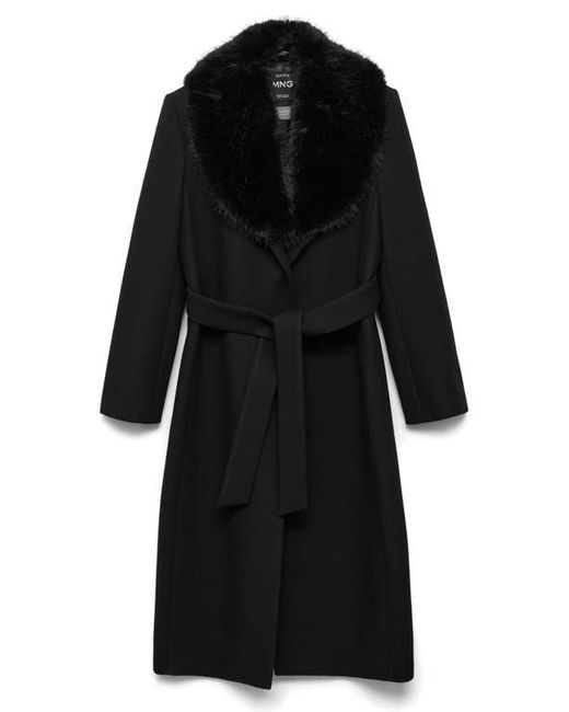 Mango Black Dolce Wool Blend Wrap Coat With Removable Faux Fur Collar