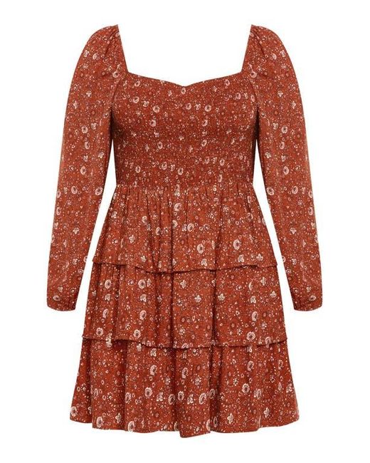 City Chic Orange Floral Print Long Sleeve Tiered Minidress