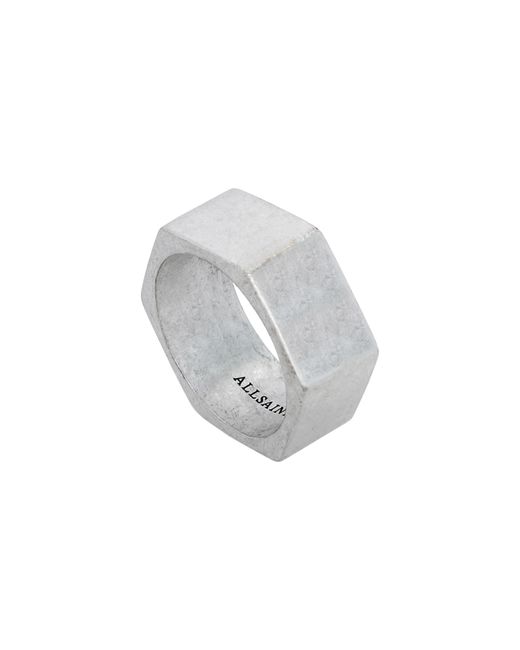 AllSaints White Sterling Silver Hexagonal Band Ring for men