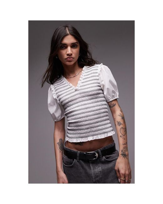 TOPSHOP Gray V-Neck Puff Sleeve Shirred Top