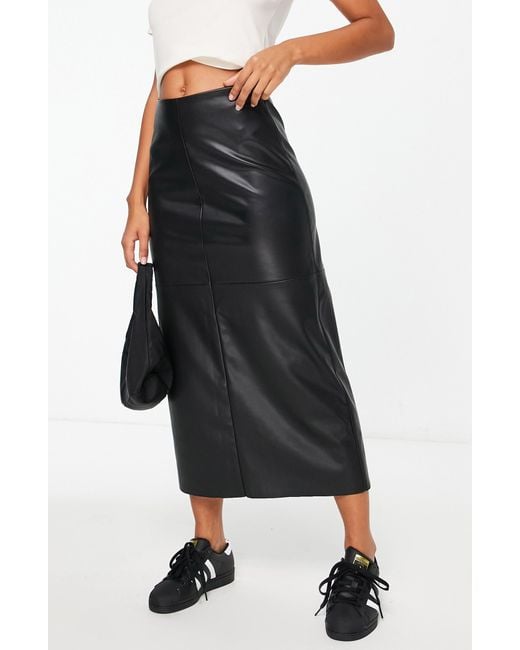 TOPSHOP Faux Leather Midi Skirt in Black | Lyst