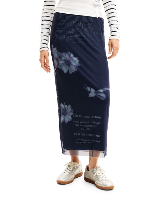 Desigual Blue Fal Nona Text & Floral Print Mesh Skirt