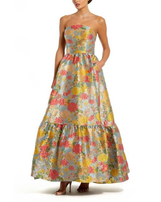 Mac Duggal Yellow Strapless Brocade Floral Gown With Ruffle Hem