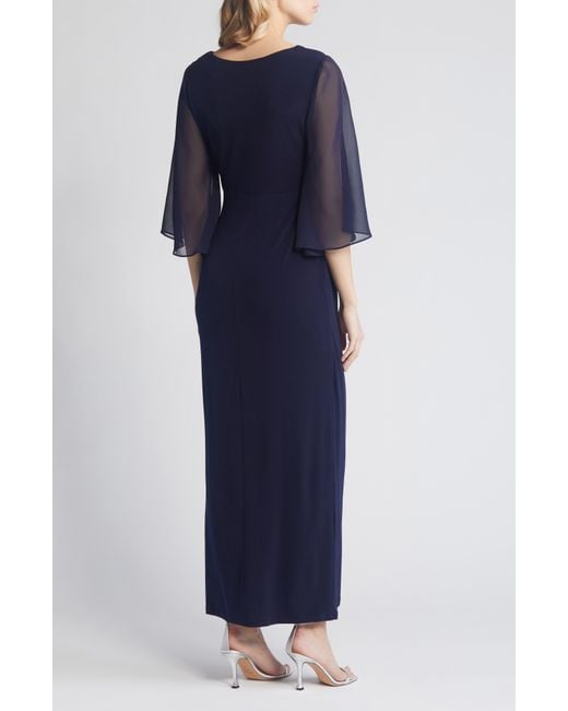 Connected Apparel Blue Chiffon Cape Sleeve Side Ruched Gown