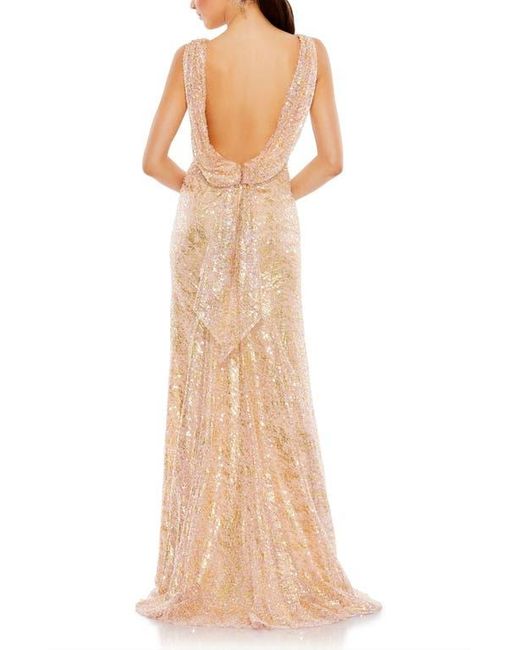 Mac Duggal Natural Sleeveless High Neck Sequin Gown