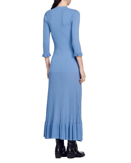 Sandro Lilwenn Ruffle Hem Rib Sweater Dress in Blue | Lyst