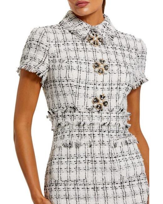 Mac Duggal White Fitted Boucle Short Sleeve Button Up Midi Dress