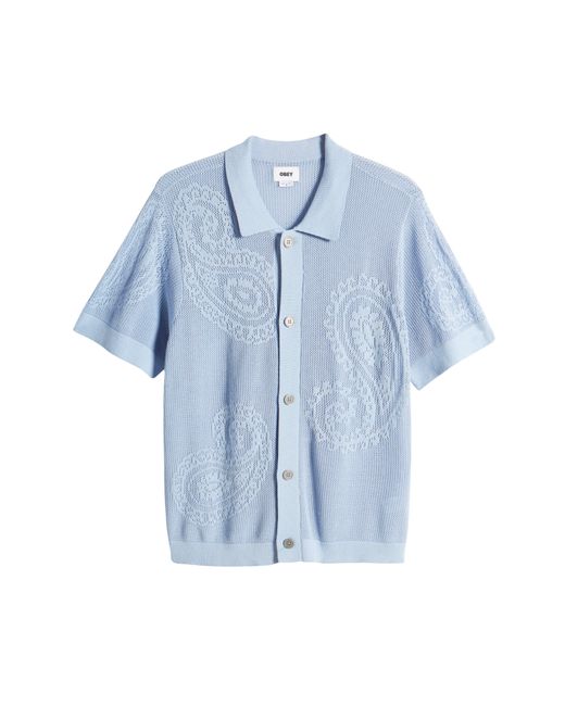 Obey Blue Teardrop Open Knit Short Sleeve Button-up Shirt for men