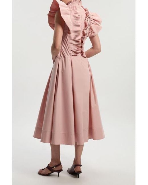 Karen Millen Pink Pleated Ruffle Sleeve Woven Midi Dress