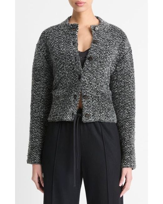Vince Gray Herringbone Textured Wool Blend Crop Jacket