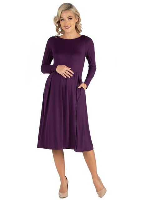24seven Comfort Apparel Purple Maternity Midi Length Fit And Flare Pocket Dress