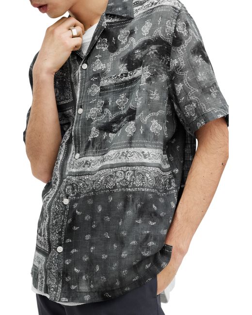 AllSaints Gray Tijuana Bandana Print Short Sleeve Cotton Button-up Shirt for men