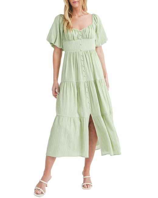 All In Favor Green Puff Sleeve Tiered Midi Dress In At Nordstrom, Size Small