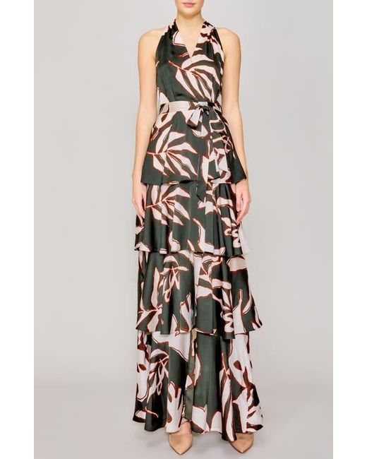 MELLODAY White Printed Tiered Faux Wrap Maxi Cocktail Dress