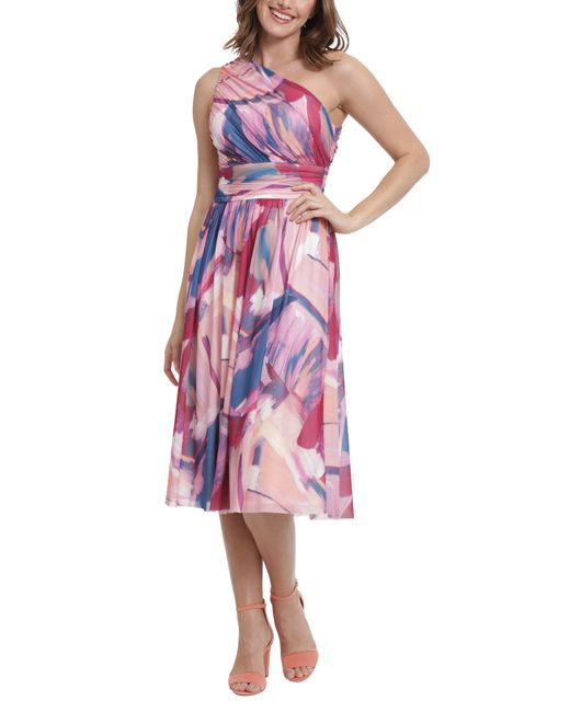 Maggy London Multicolor Print Ruched One-shoulder Dress