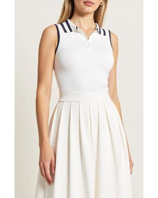 Modenaire White Sleeveless Knit Midi Dress With Contrast Collar And Hem Detail