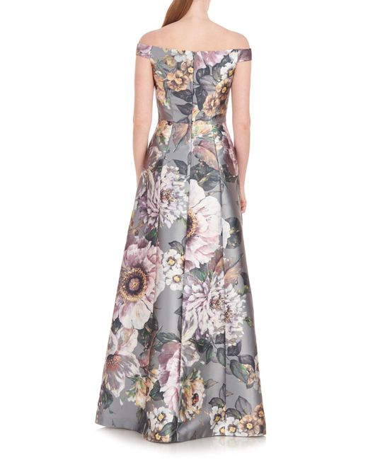 Kay Unger White Garland Floral Print Off The Shoulder Gown