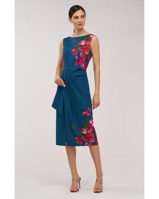 Kay Unger Blue Devin Placement Print Pleated Midi Cocktail Dress