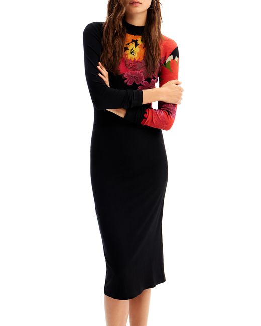 Desigual Poppy Floral Rib Long Sleeve Midi Sweater Dress in Black | Lyst