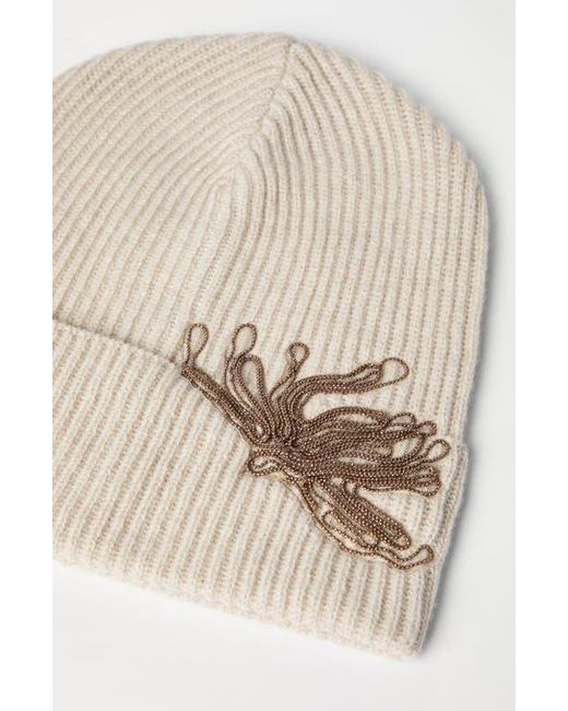 Brunello Cucinelli Natural Cashmere Knit Beanie With Monili