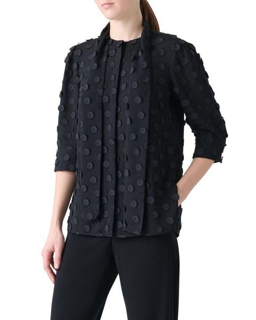 Akris Punto Black Boho Clip Dot Techno Georgette Scarf Neck Shirt