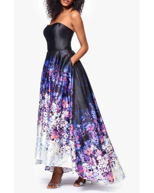 Betsy & Adam Purple Ombré Floral Strapless High Low Ball Gown