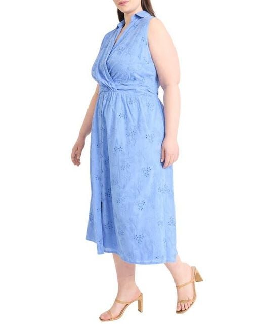 Maggy London Blue Eyelet Front Wrap Sleeveless Maxi Dress