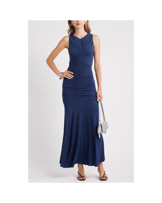 Open Edit Blue Ruched Sleeveless Maxi Dress