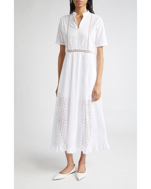 KÚR White Spring Lace & Eyelet Inset Cotton Maxi Dress