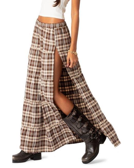 Edikted Brown Plaid Tiered Side Slit Maxi Skirt