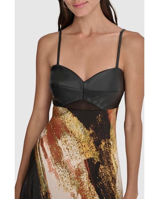 DKNY Print Faux Leather Trim Maxi Dress in Black | Lyst