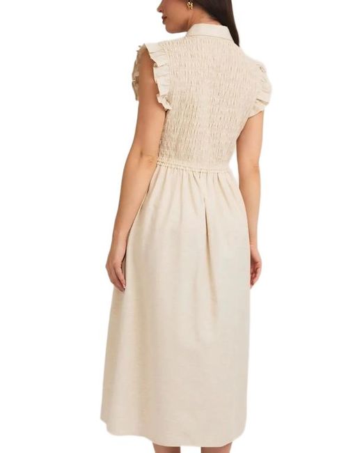 Knit & Lounge Natural Button-Front Midi Dress With Smocked Bodice And Ruffle Sleeves