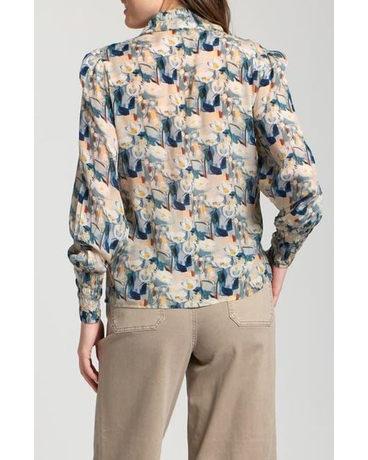Apny Blue Puff Shoulder Button Front Top