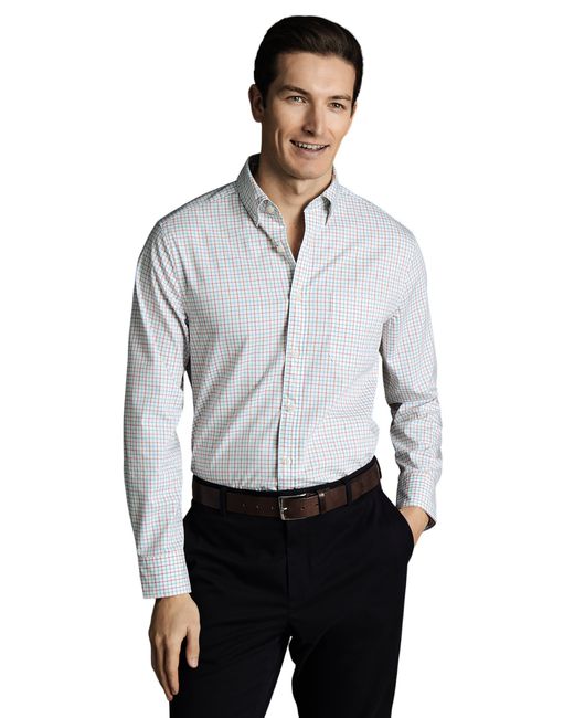 Charles Tyrwhitt White Slim Fit Button-down Collar Non-iron Stretch Poplin Check Shirt for men