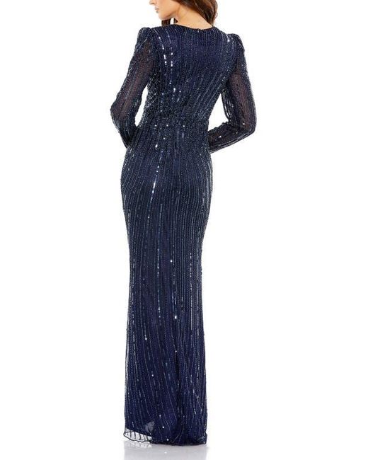 Mac Duggal Blue Embellished Puff Sleeve Side Knot Gown