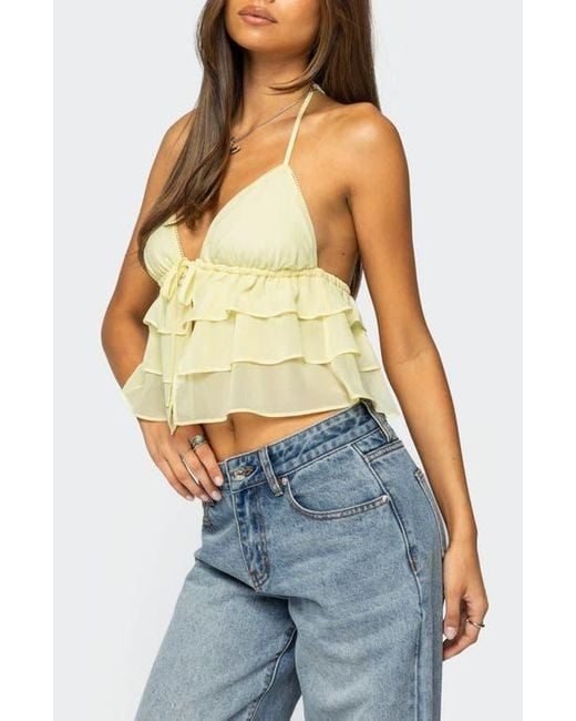 Edikted Blue Zephi Split Front Ruffle Top