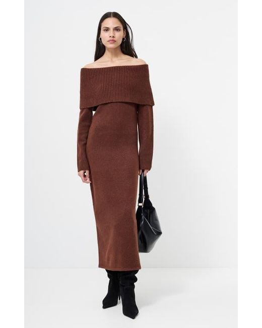 French Connection Emilia Off The Shoulder Long Sleeve Maxi Sweater Dress in  Brown | Lyst