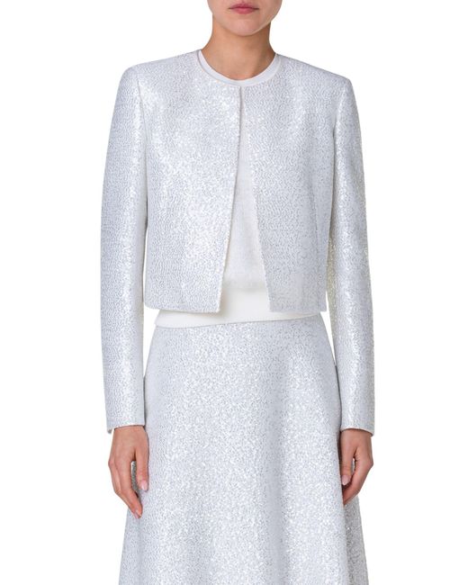 Akris White Hassell Sequin Wool Blend Crop Jacket