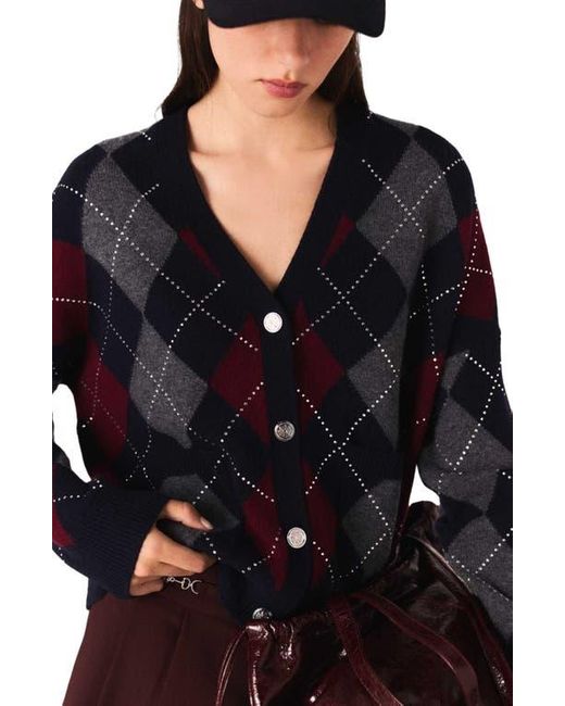 Maje Black Cropped Argyle Pattern Cardigan