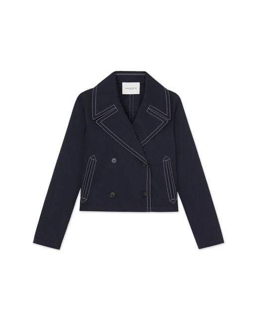 Lafayette 148 New York Blue Contrast Stitch Cotton Blend Twill Double Breasted Jacket