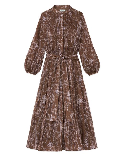 Lafayette 148 New York Brown Floral Print Pleated Long Sleeve Gemma Cloth Voile Midi Dress