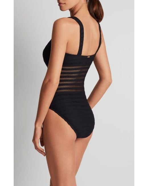 Ralph Lauren Black Mesh Stripe One-Piece Swimsuit