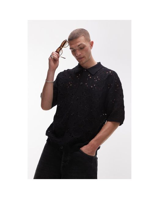 Topman Black Relaxed Openwork Floral Short Sleeve Button-Up Shirt for men