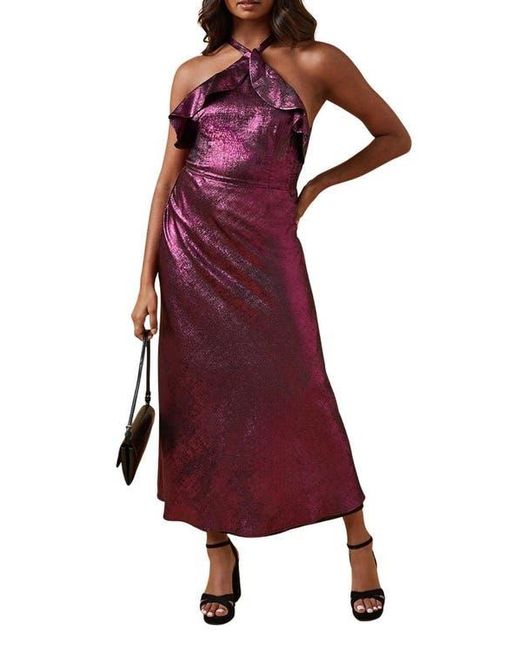 Oasis Purple Foil Halterneck Ruffle Foil Midaxi Dress