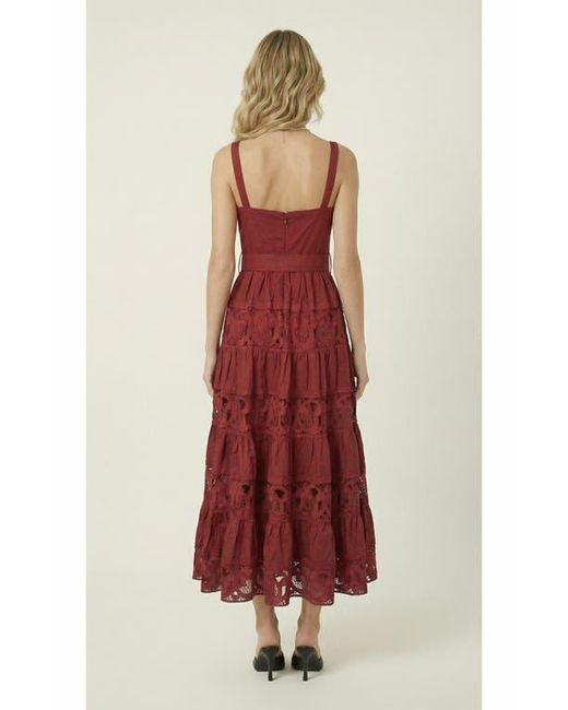 red lace belted dress Womens Red Lace Belted Maxi Dress With Sleeves