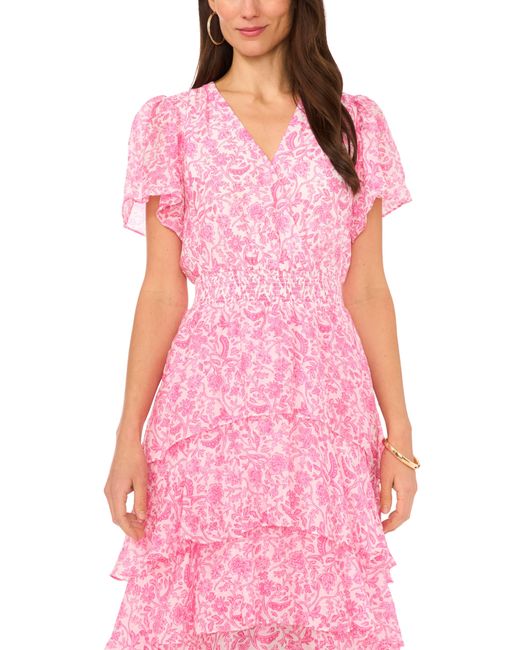 Vince Camuto Pink Floral Tiered Midi Dress